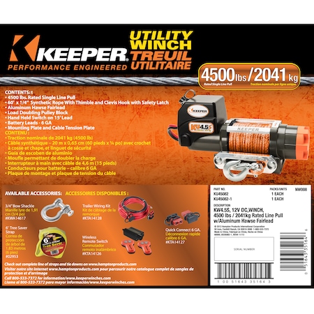 Keeper Utility Winch, 12V DC 4500lbs W/Integ. Sealed Solenoids, Synthetic rope KU45082